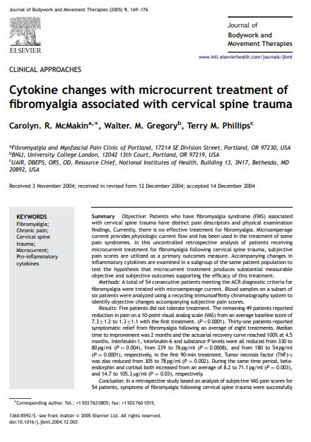 Cytokine changes with microcurrent treatment of fibromyalgia associated with cervical spine trauma.
